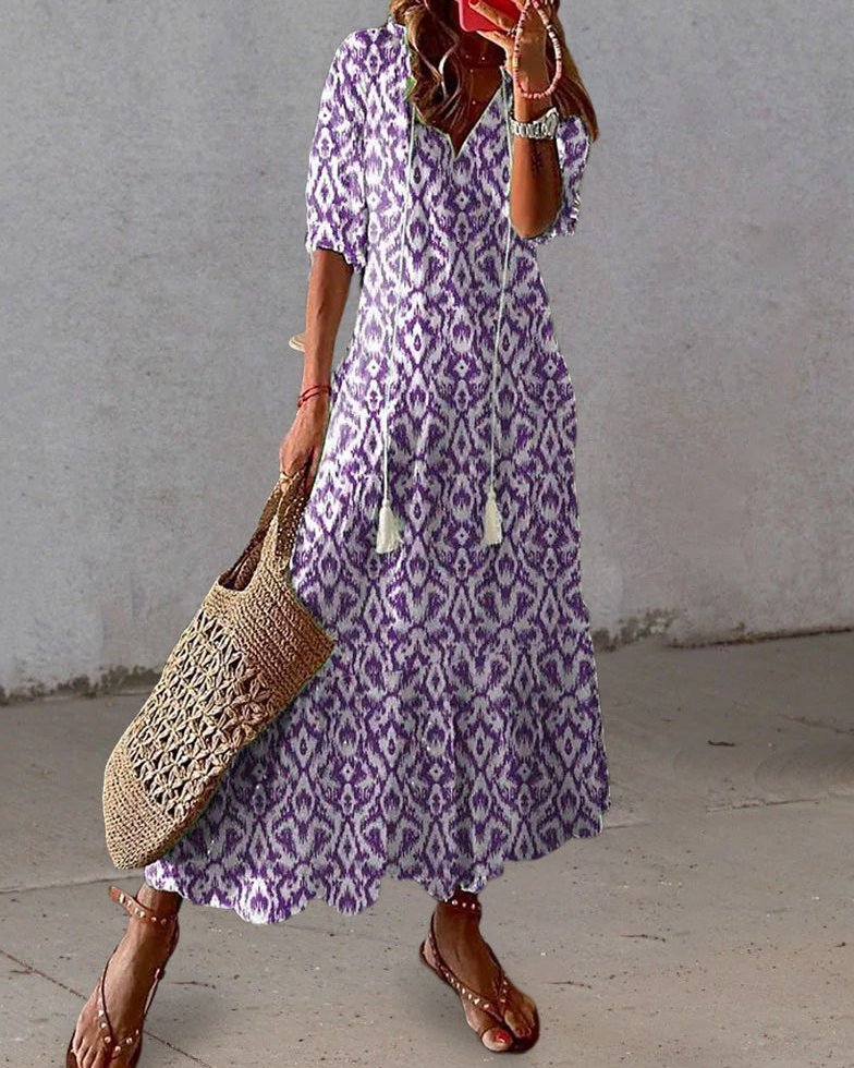 Womens Flowy Dress with V-Neck and Tassel Ties in Ikat Print Maxi