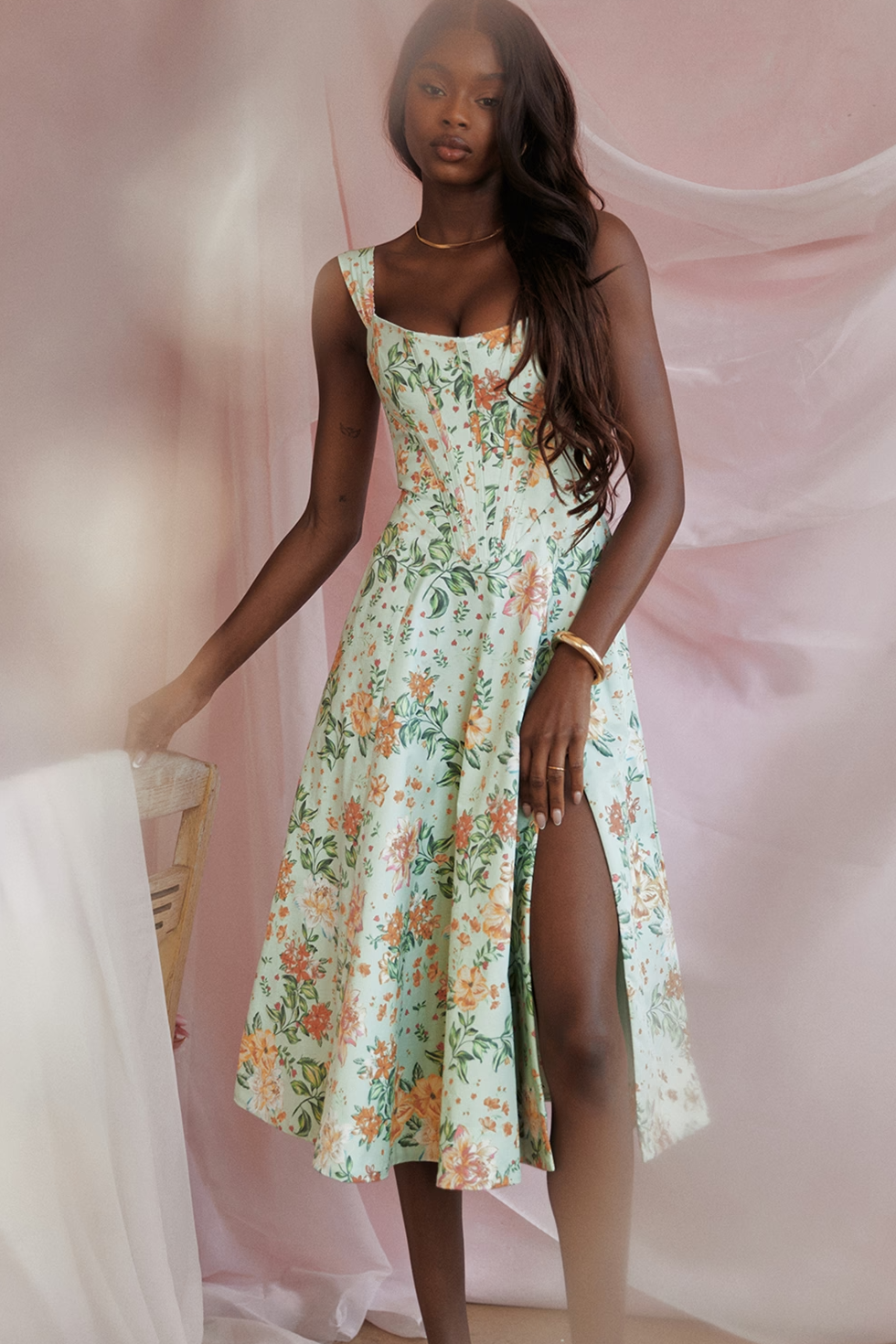 Corset Midi Dress with Square Neck in Lined Fabric and A-Line Cut