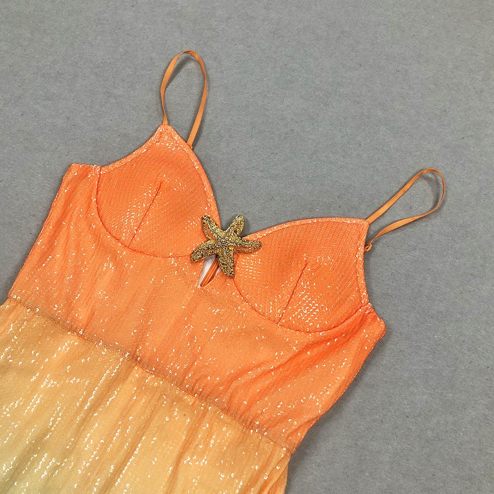 Midi Dress with Sequin Ombre Finish and Starfish Applique in Polyester
