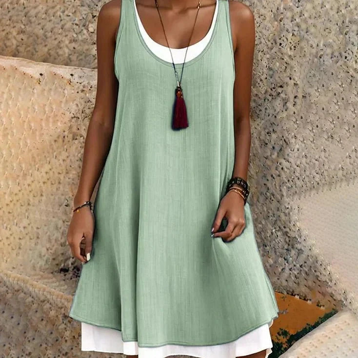 Womens Summer Dress Faux Two-Piece Scoop Neck Linen Look Midi