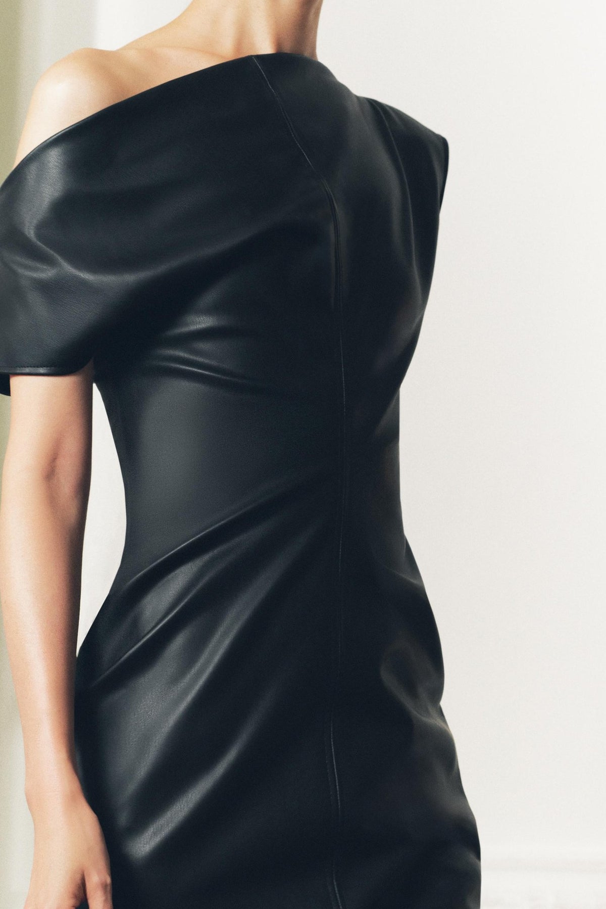 Asymmetric Midi Dress with Draped Neck in Faux Leather