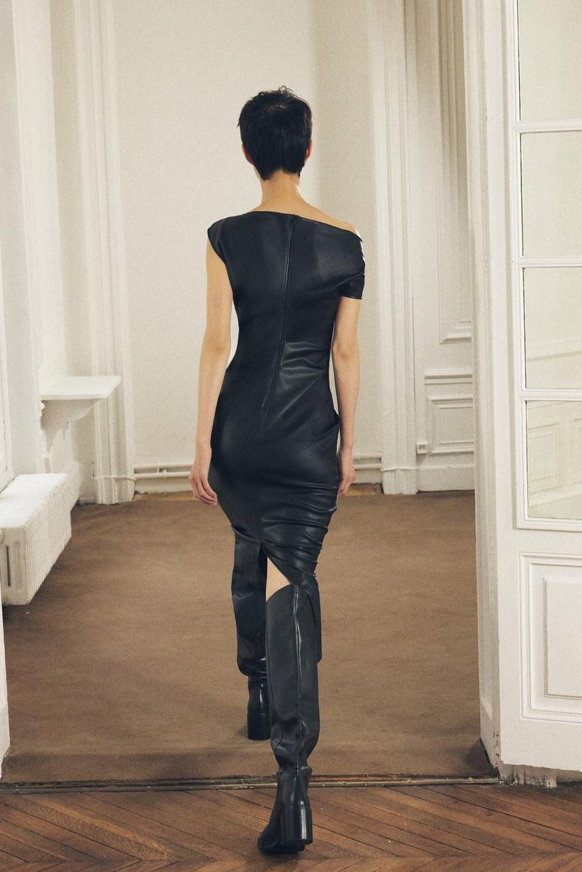 Asymmetric Midi Dress with Draped Neck in Faux Leather
