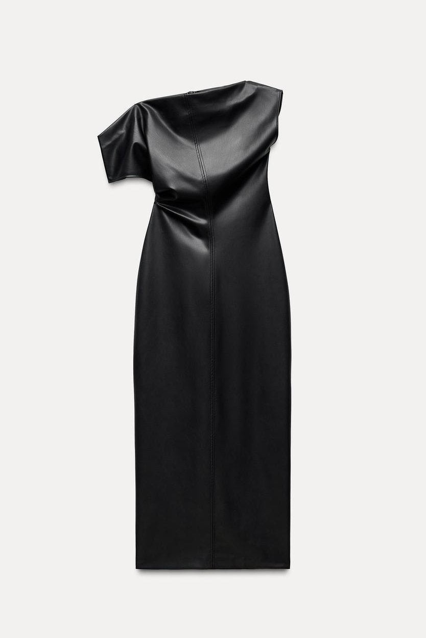 Asymmetric Midi Dress with Draped Neck in Faux Leather