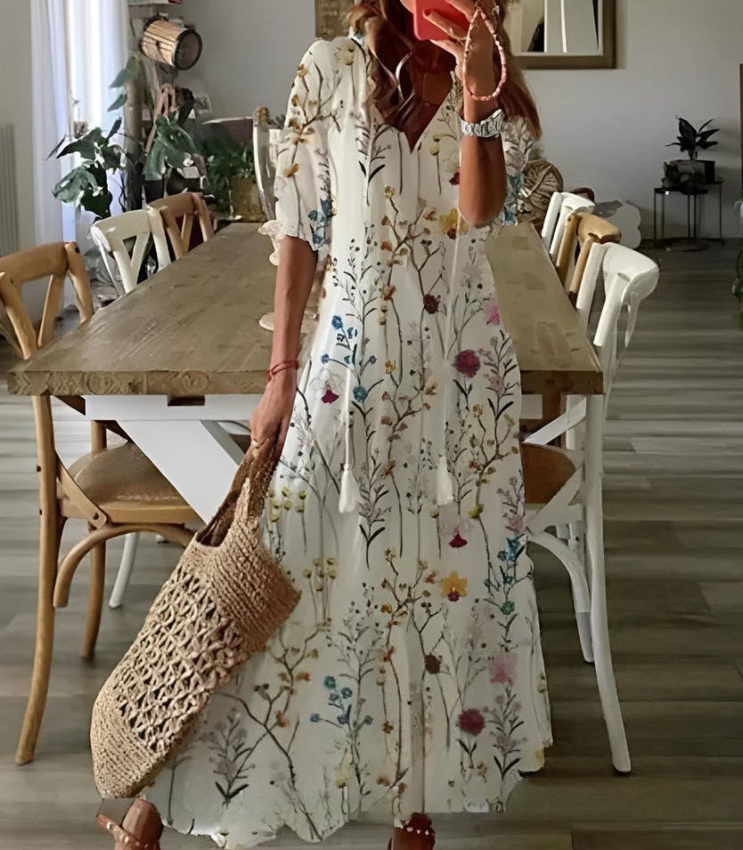 Womens Flowy Dress with V-Neck and Tassel Ties in Ikat Print Maxi