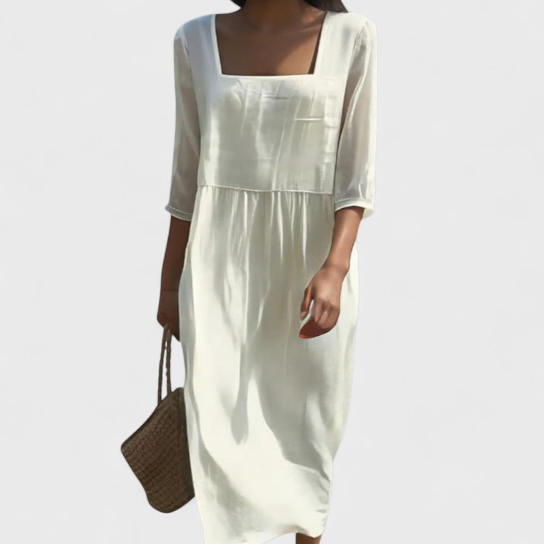 Womens Casual Dress with Front Panel and Square Neck in White