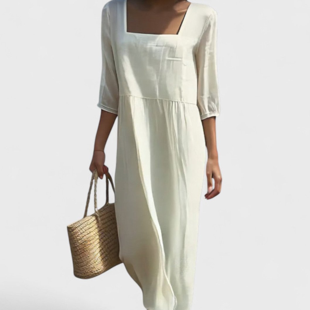 Womens Casual Dress with Front Panel and Square Neck in White