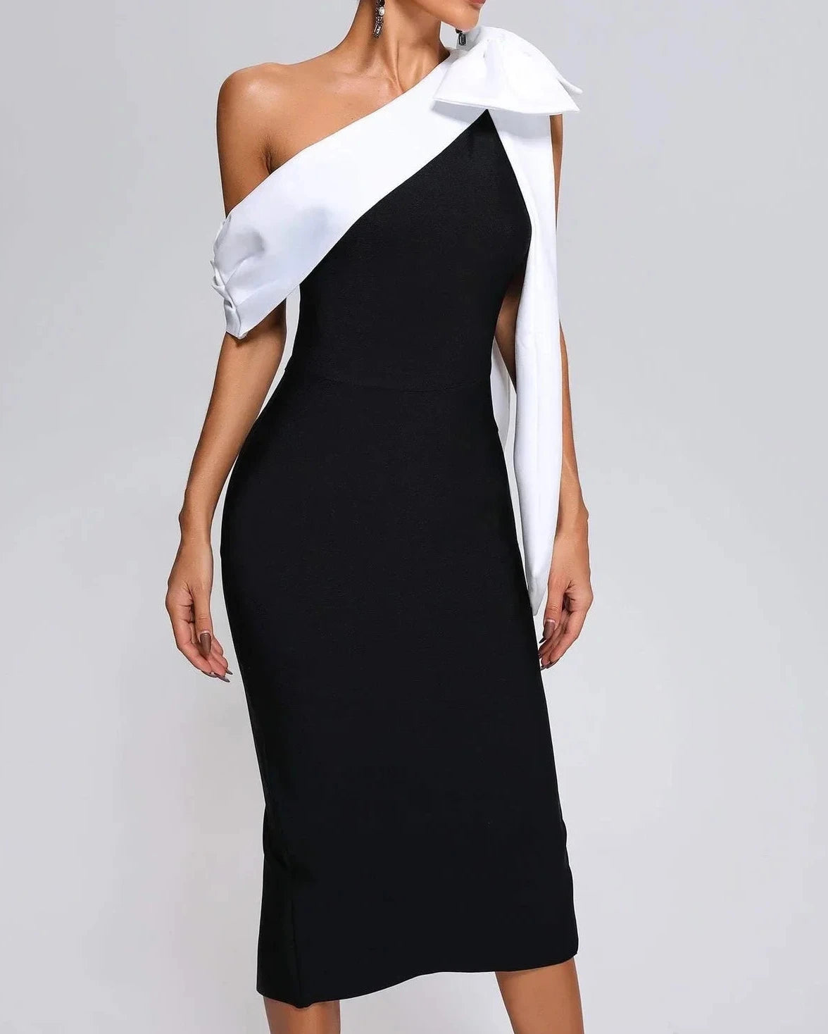 Women's Midi Dress with Asymmetric Neckline in Stretch Fabric