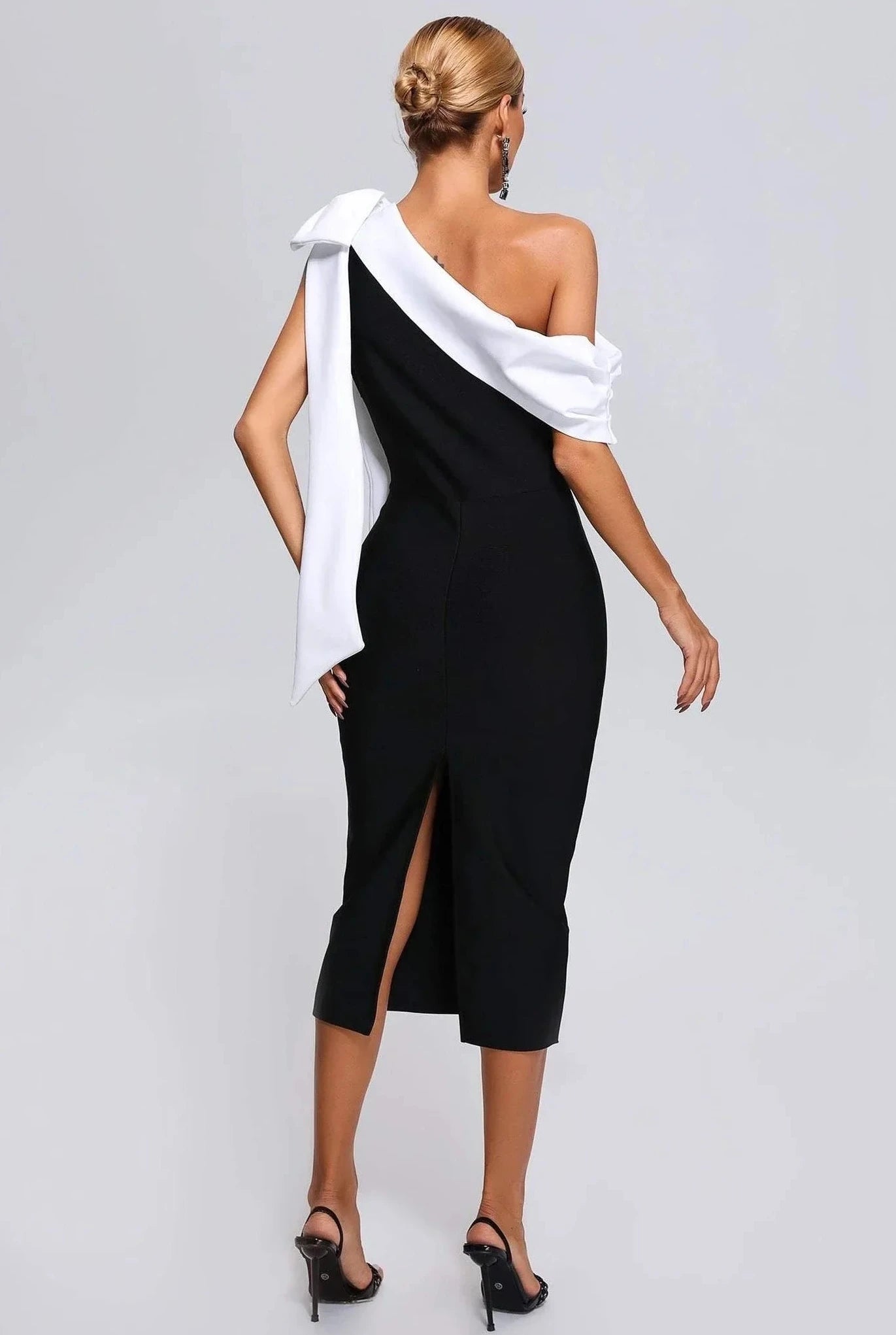 Women's Midi Dress with Asymmetric Neckline in Stretch Fabric