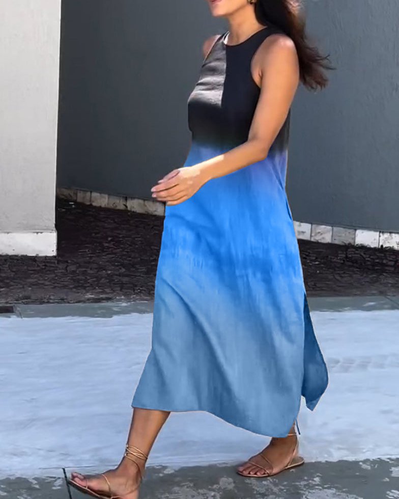 Womens Summer Dress in Ombre with Round Neck and Side Slits
