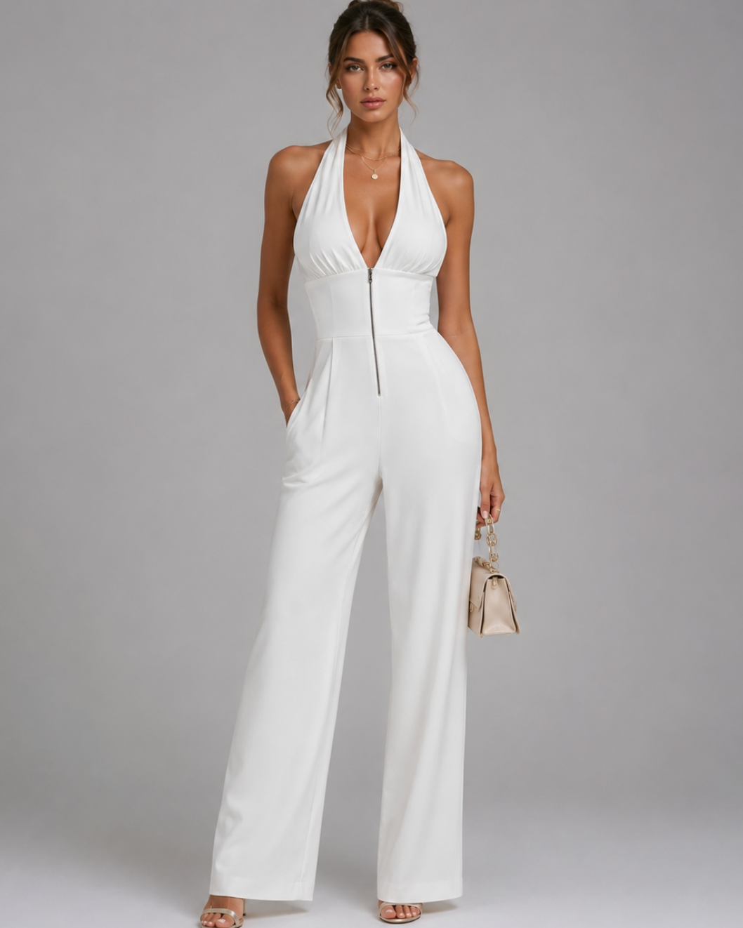 Womens Evening Jumpsuit with Halter Neck, Wide Leg in White Polyester