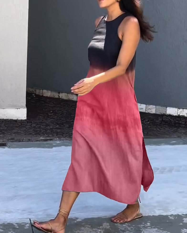 Womens Summer Dress in Ombre with Round Neck and Side Slits