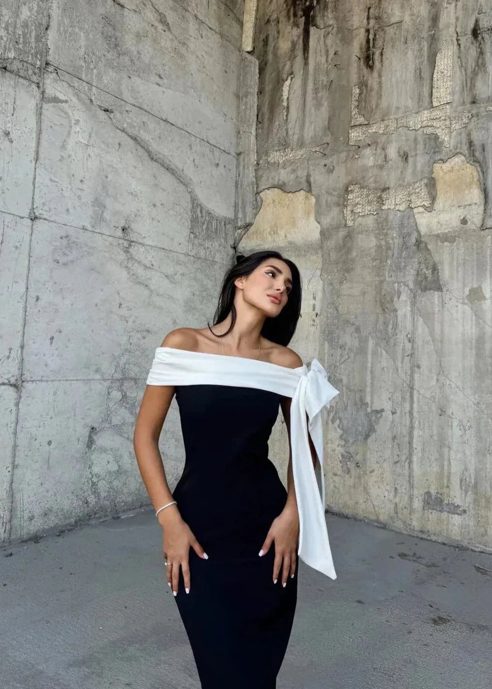 Women's Midi Dress with Asymmetric Neckline in Stretch Fabric