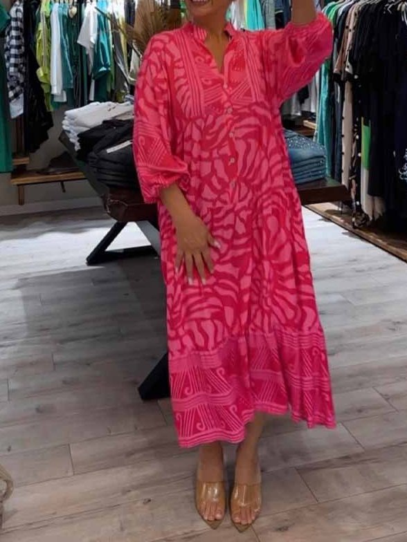 Womens Casual Dress in Printed Maxi Length with V-neck and Cuffs