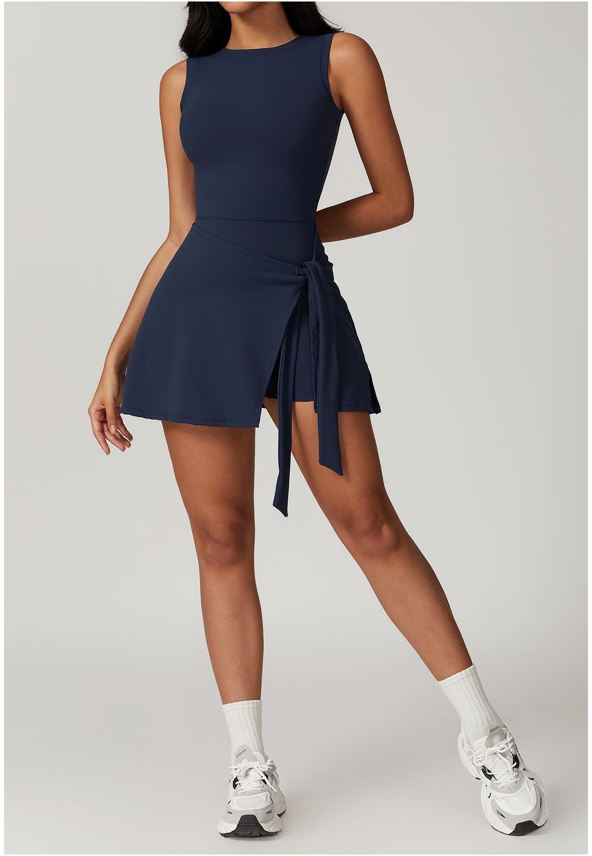 Women's Sleeveless Stretch Nylon Mini Dress with Wrap Waist and Shorts