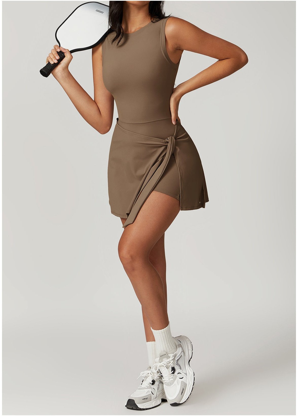 Women's Sleeveless Stretch Nylon Mini Dress with Wrap Waist and Shorts