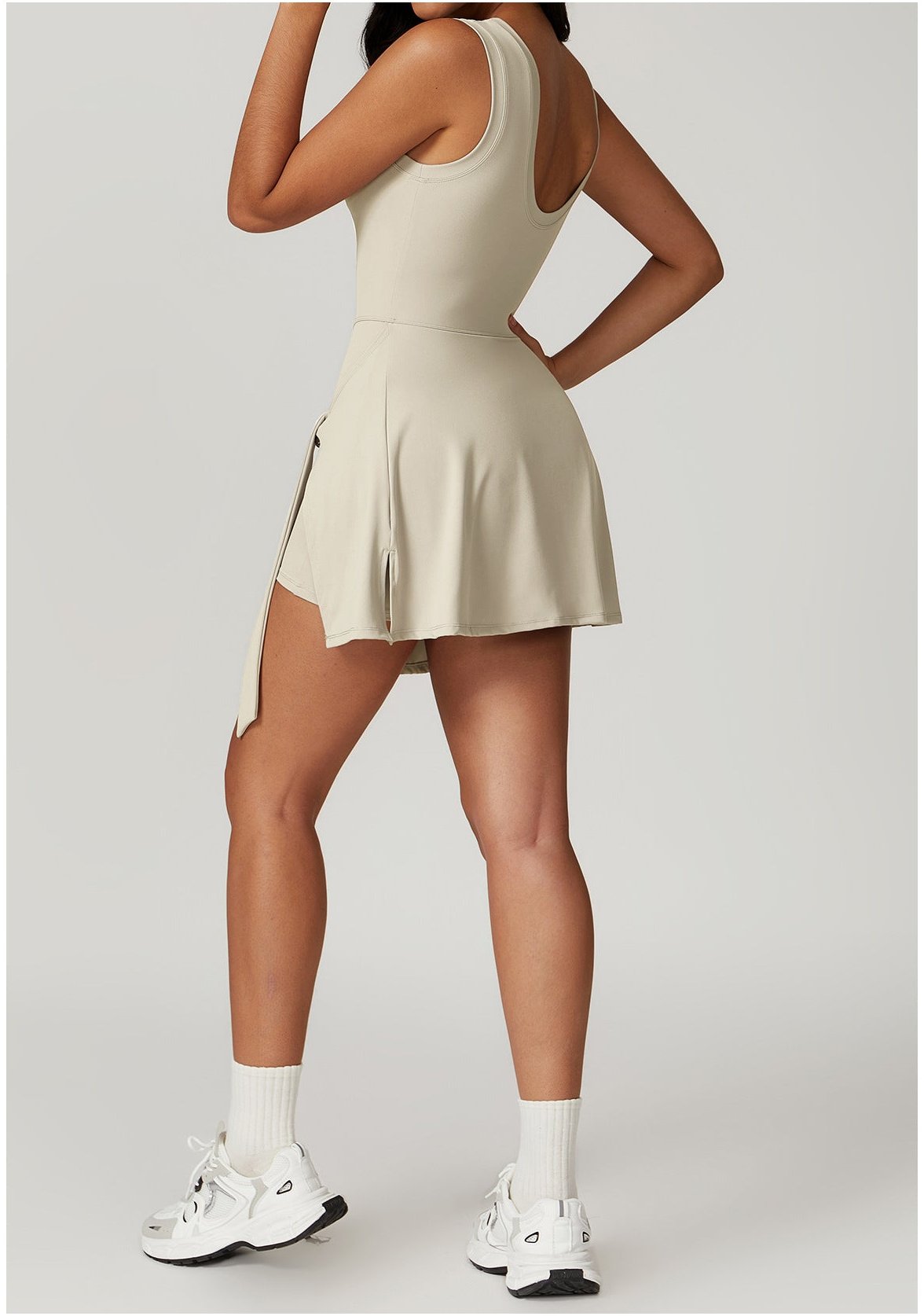 Women's Sleeveless Stretch Nylon Mini Dress with Wrap Waist and Shorts