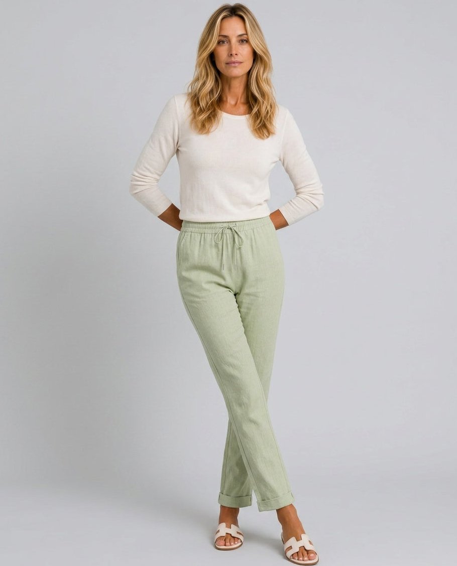 Womens Linen Trousers with Elastic Waist, Straight Leg and Rolled Hem