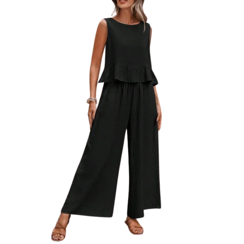 Womens Wide Leg Trousers and Ruffle Hem Tank Top in Linen Look