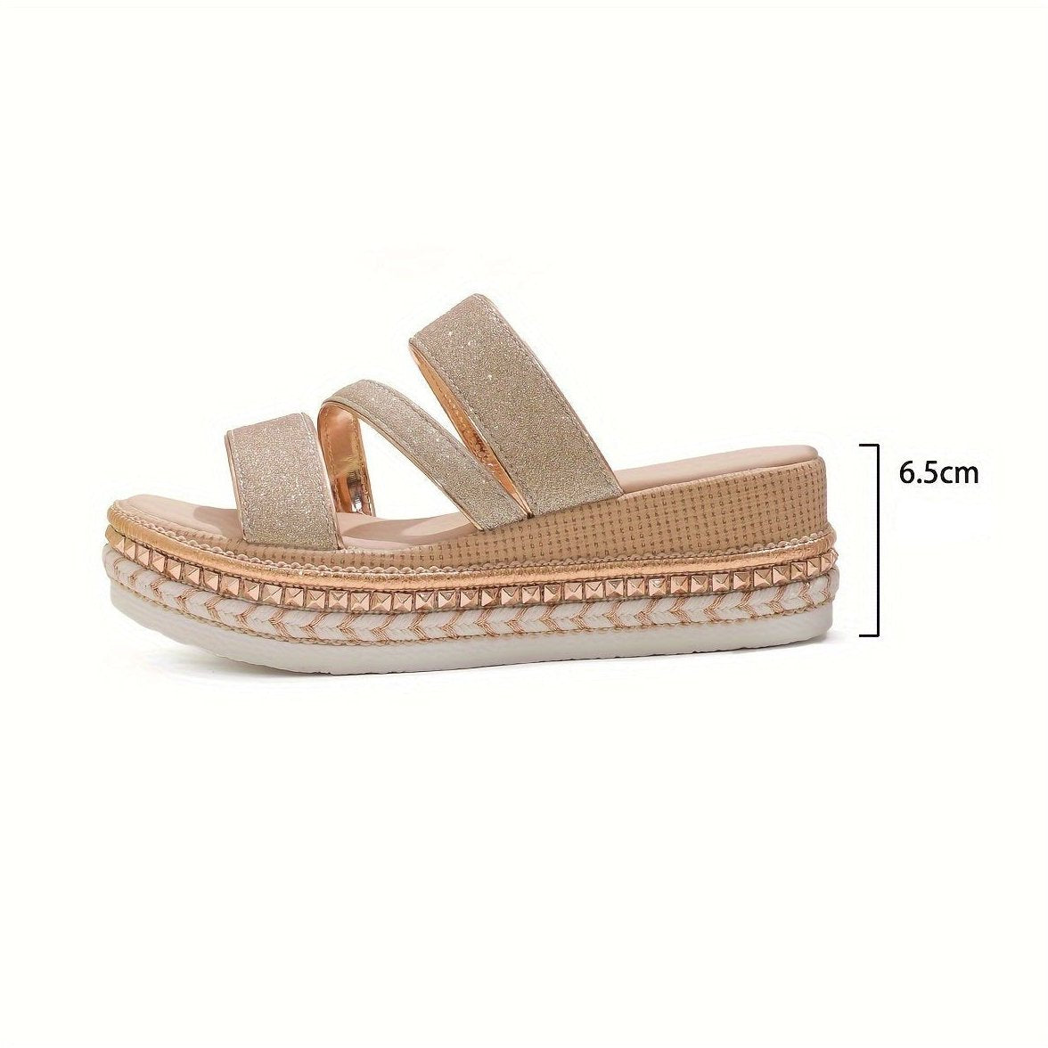 Womens Sandals with Three Glitter Straps on a Wedge Sole in Beige