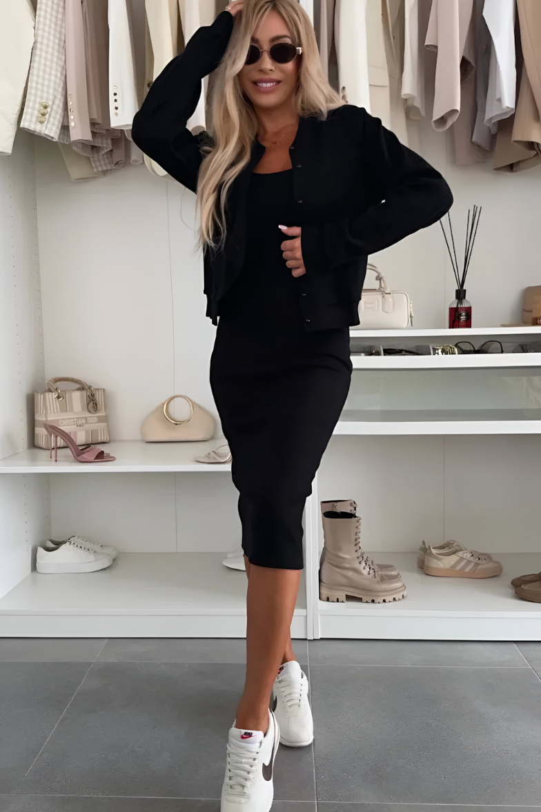 Womens Cardigan Set Two Piece with Fitted Midi Dress in Ribbed Knit