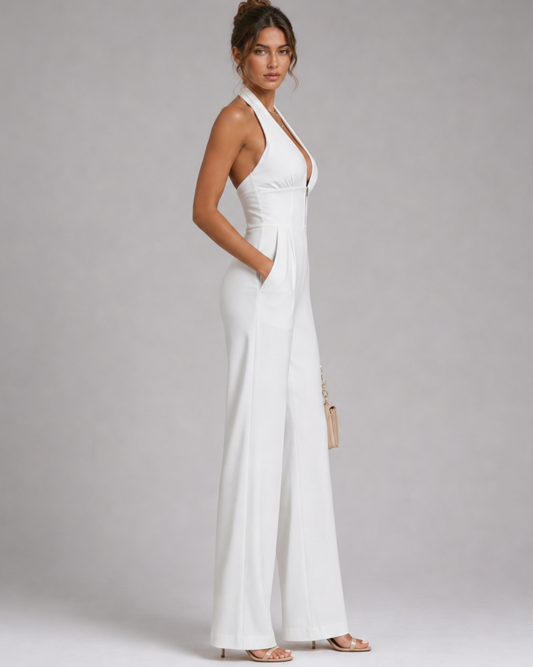 Womens Evening Jumpsuit with Halter Neck, Wide Leg in White Polyester