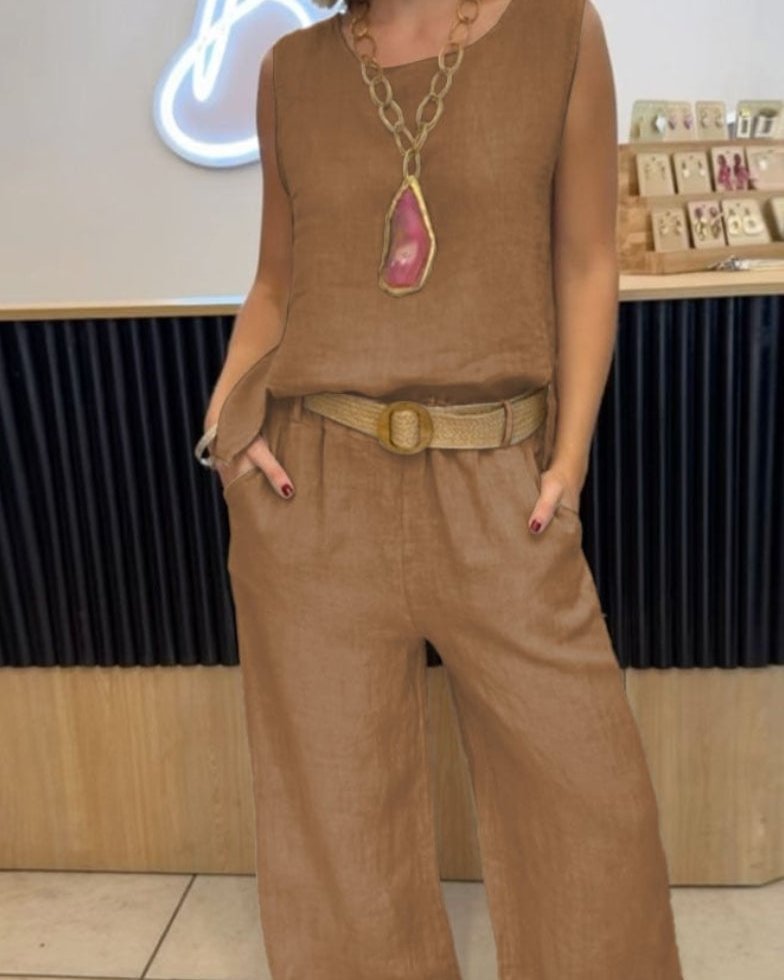 Womens Linen Wide Leg Trousers 2 Piece Set with Sleeveless Belted Top
