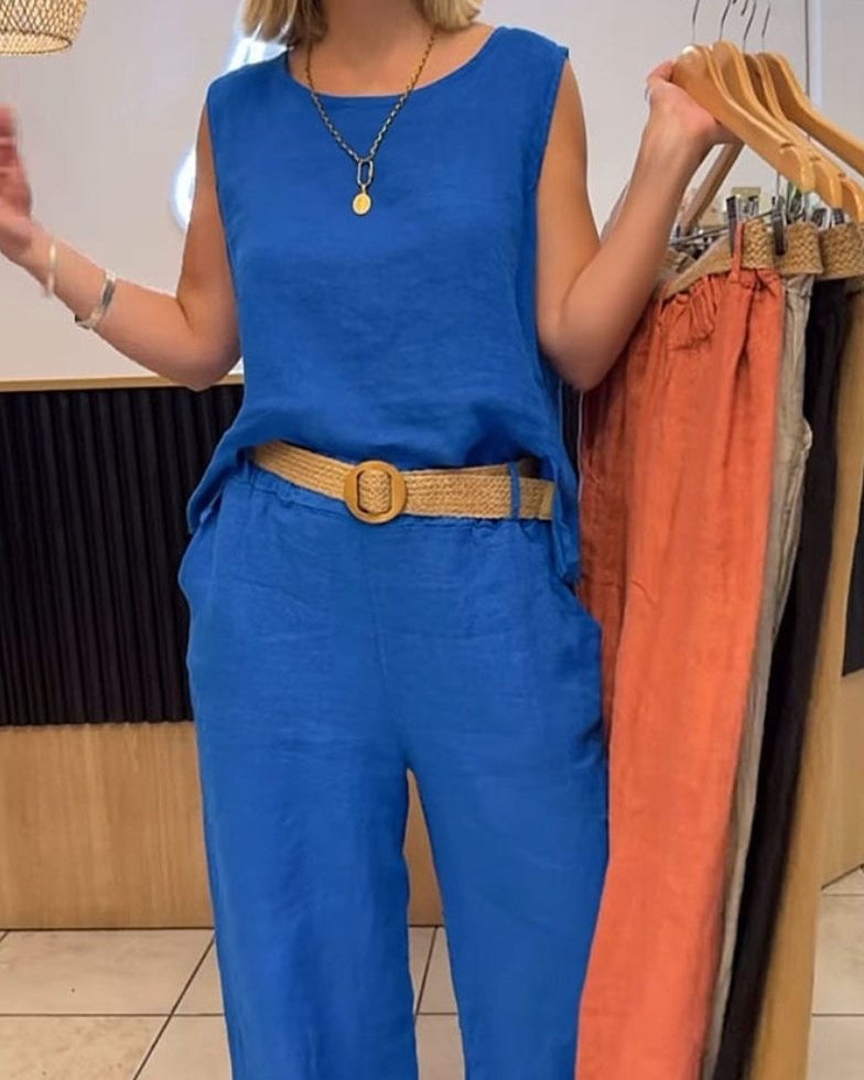 Womens Linen Wide Leg Trousers 2 Piece Set with Sleeveless Belted Top