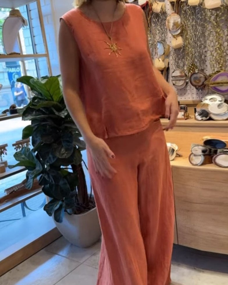 Womens Linen Wide Leg Trousers 2 Piece Set with Sleeveless Belted Top