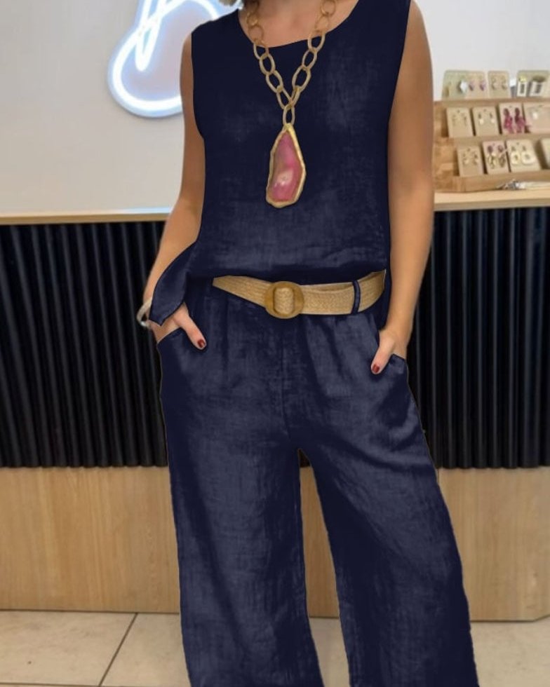 Womens Linen Wide Leg Trousers 2 Piece Set with Sleeveless Belted Top