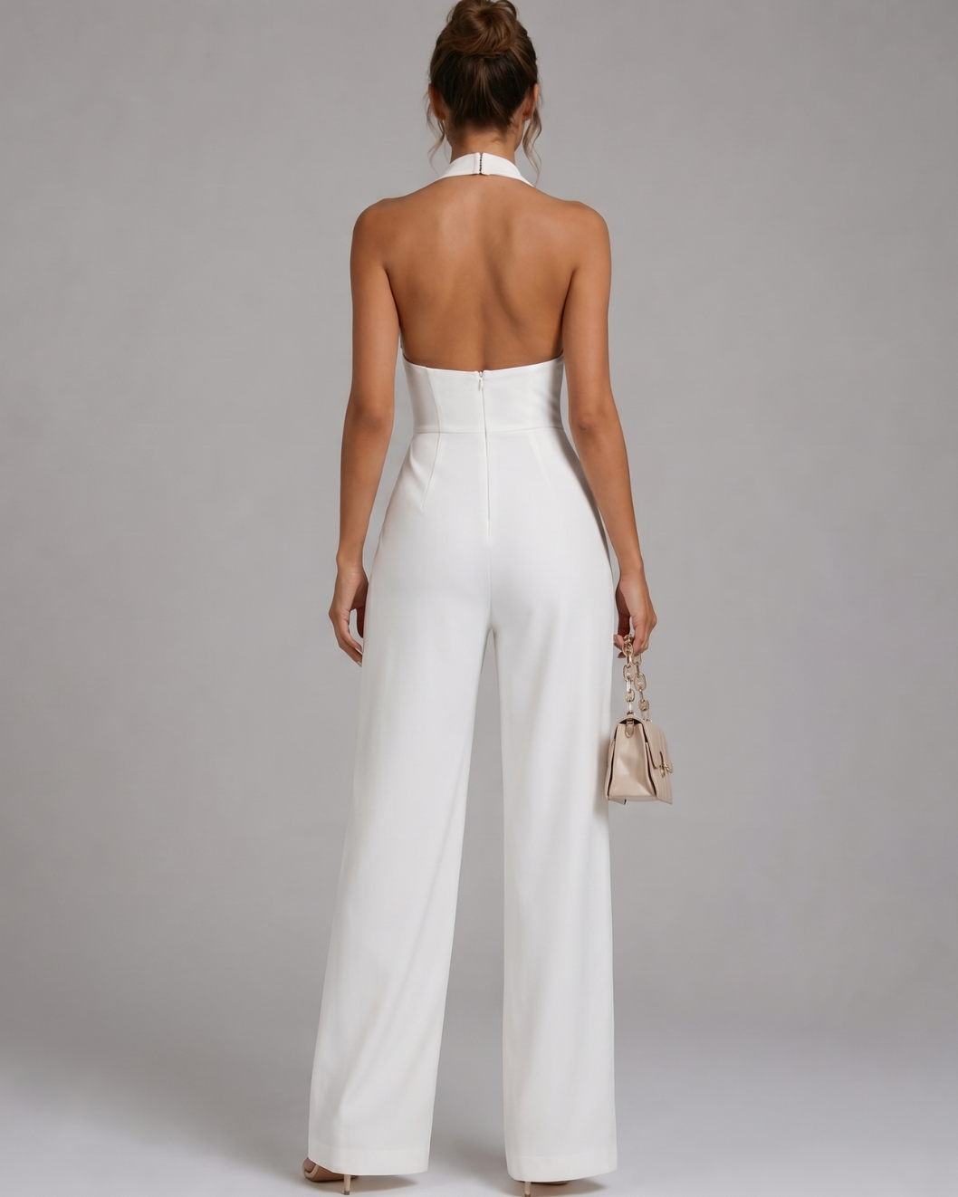 Womens Evening Jumpsuit with Halter Neck, Wide Leg in White Polyester
