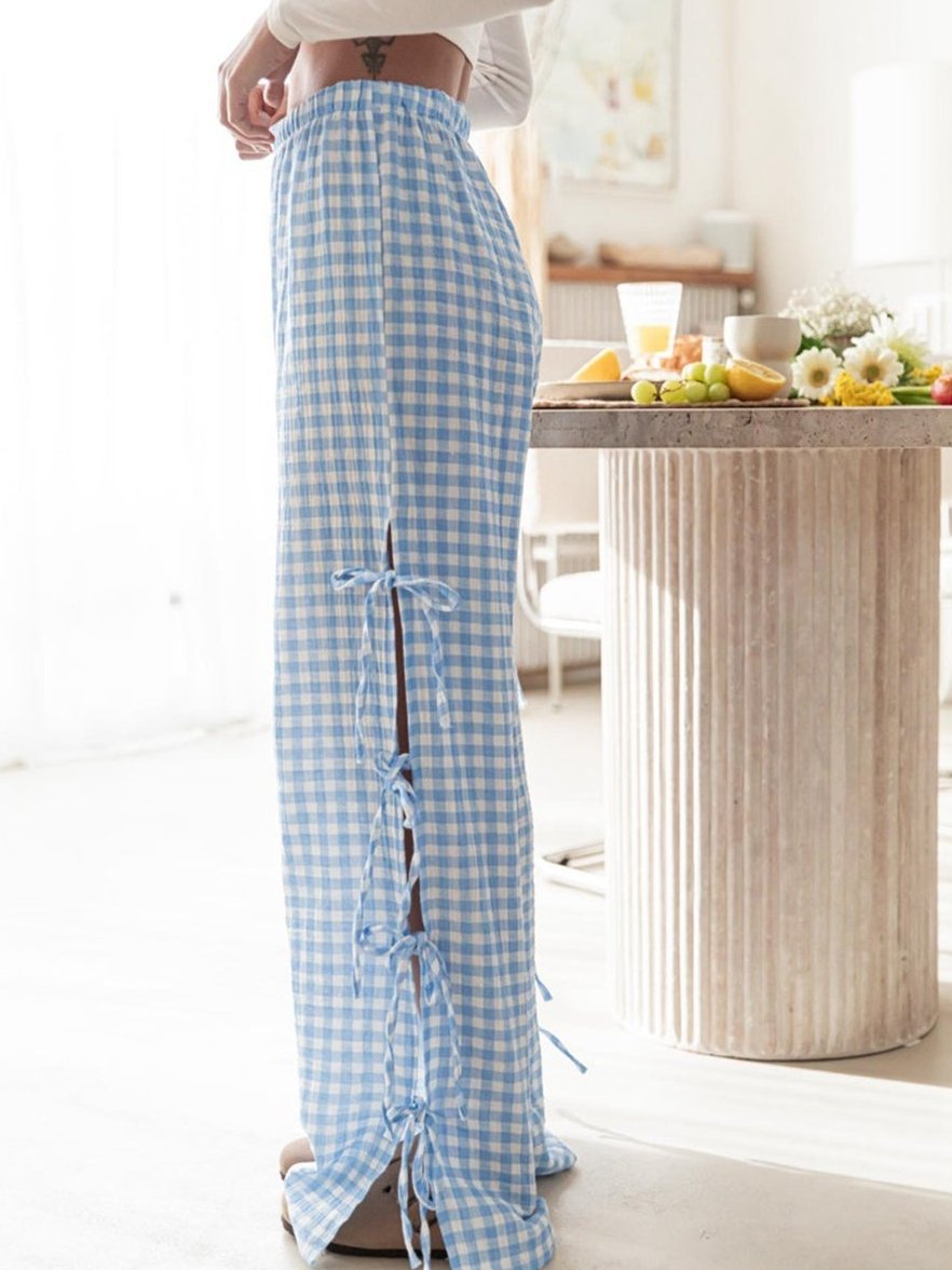 Wide Leg Pants Women with High Waist and Check Pattern in Muslin