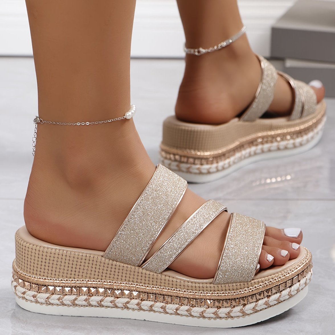Womens Sandals with Three Glitter Straps on a Wedge Sole in Beige