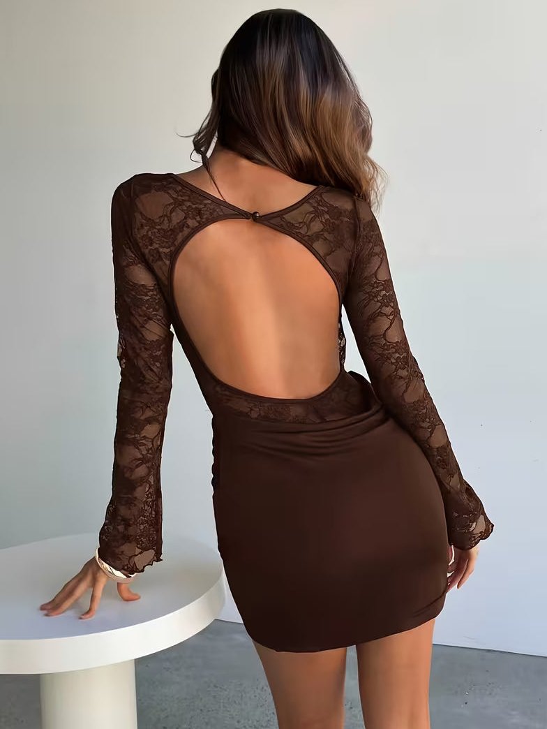 Women's Mini Dress with Open Back in Floral Lace and Long Sleeves