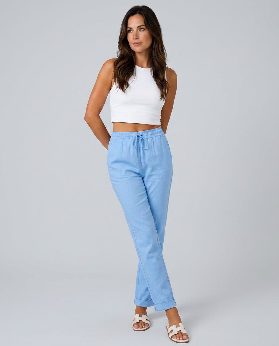 Womens Linen Trousers with Elastic Waist, Straight Leg and Rolled Hem
