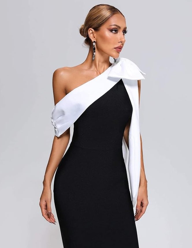 Women's Midi Dress with Asymmetric Neckline in Stretch Fabric