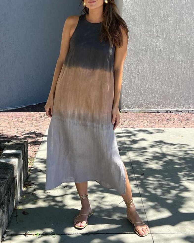 Womens Summer Dress in Ombre with Round Neck and Side Slits