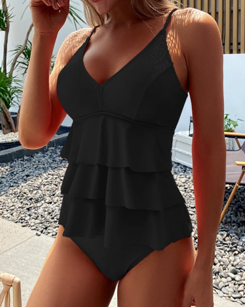 Womens Swimsuit Two Piece Tankini with Tiered Ruffles and V Neck