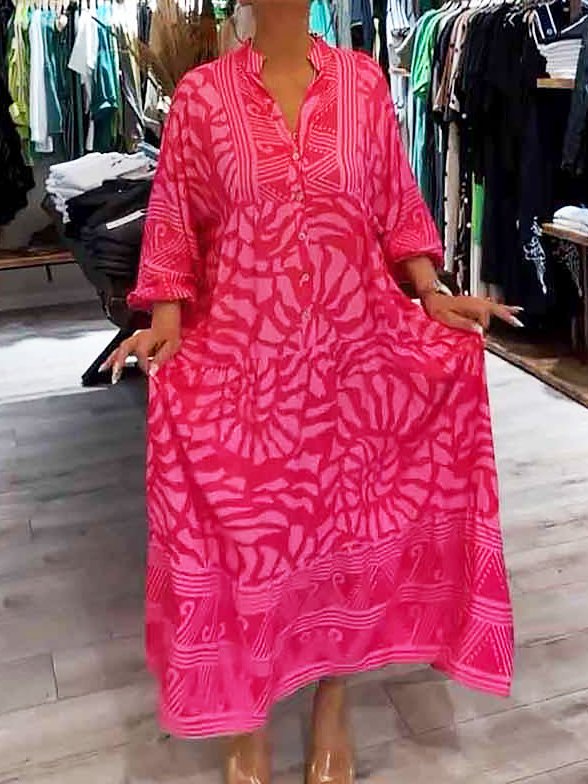 Womens Casual Dress in Printed Maxi Length with V-neck and Cuffs