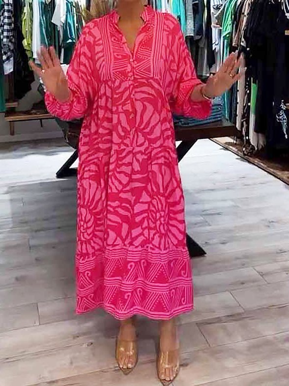 Womens Casual Dress in Printed Maxi Length with V-neck and Cuffs