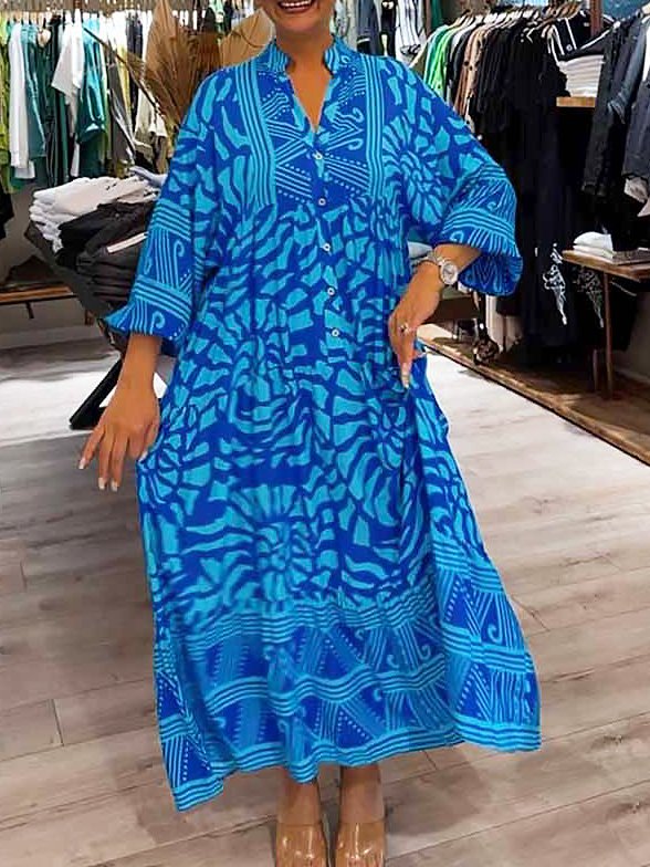 Womens Casual Dress in Printed Maxi Length with V-neck and Cuffs