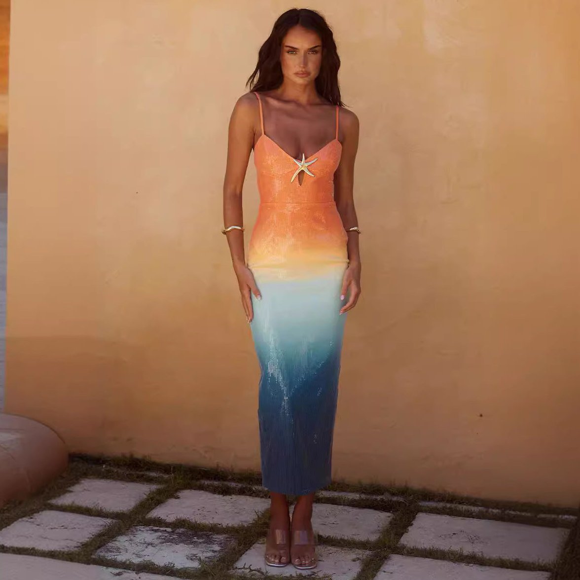 Midi Dress with Sequin Ombre Finish and Starfish Applique in Polyester