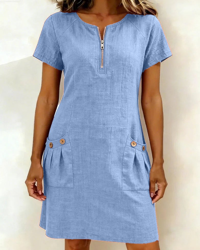 Womens Summer Dress in Linen with Half Zip Neck and Patch Pockets