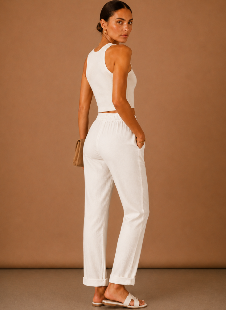 Womens Linen Trousers with Elastic Waist, Straight Leg and Rolled Hem