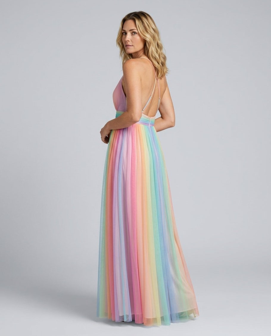 Women's Backless Tulle Maxi Dress with Crossed Straps