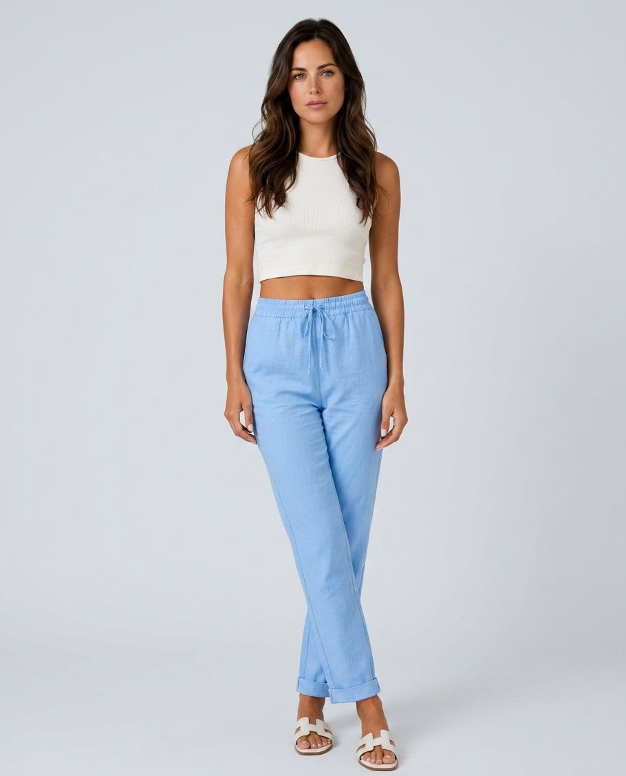 Womens Linen Trousers with Elastic Waist, Straight Leg and Rolled Hem