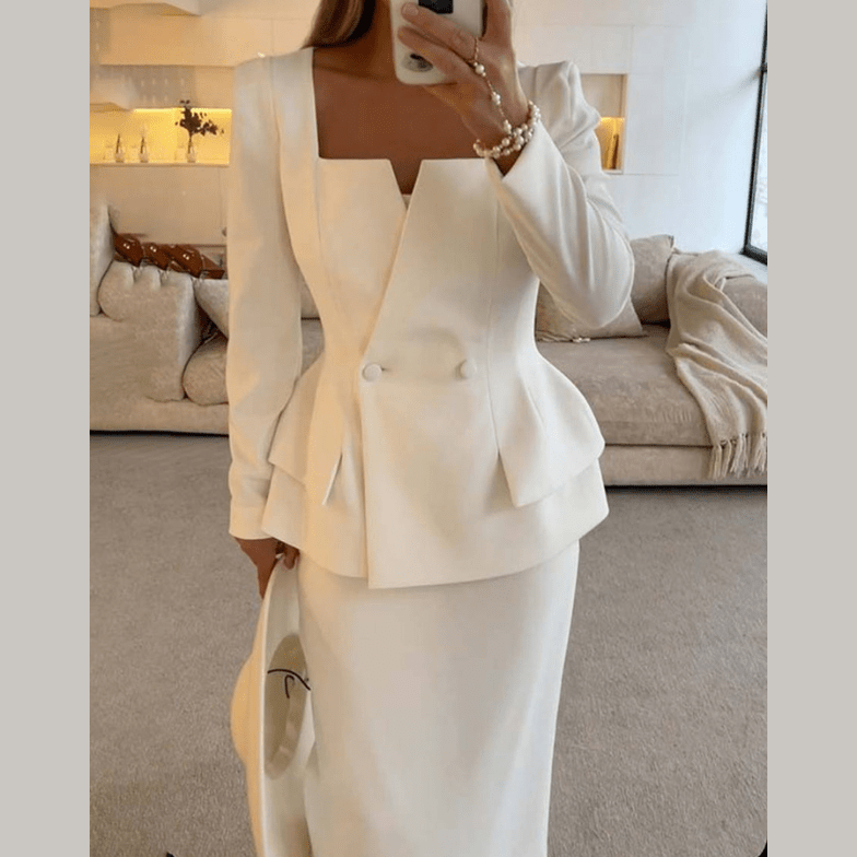 Womens Skirt Suit with Peplum Blazer and Midi Pencil Skirt