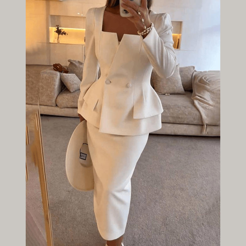Womens Skirt Suit with Peplum Blazer and Midi Pencil Skirt
