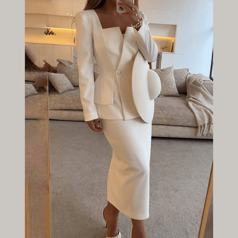 Womens Skirt Suit with Peplum Blazer and Midi Pencil Skirt