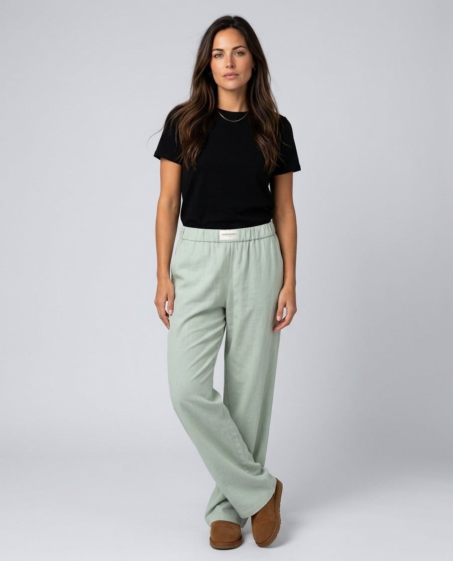 Womens Wide Leg Pants with Elastic Waistband in Linen-Look Polyester