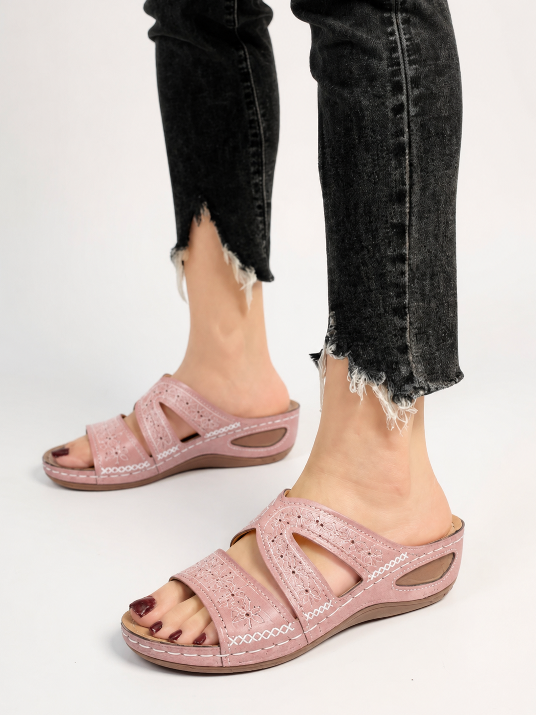 Womens Slide Sandals with Floral Embroidery in Leather Look